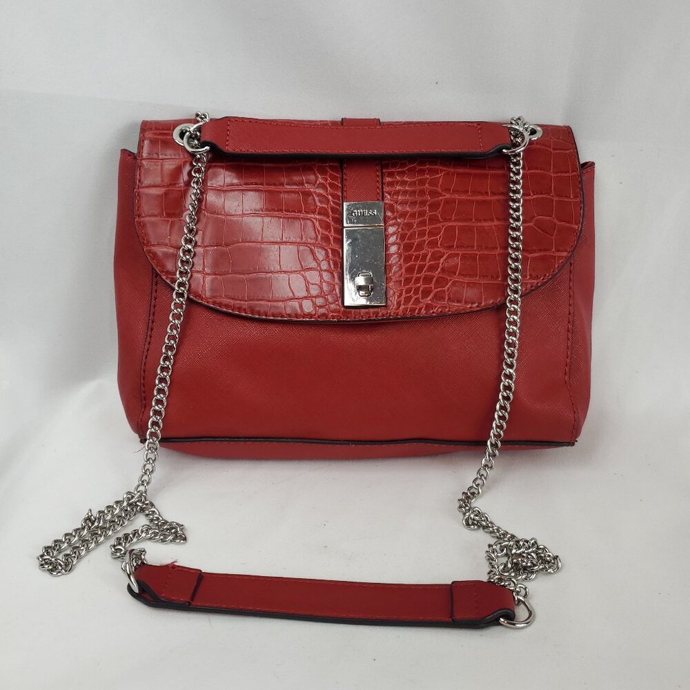 Guess Red Croc Textured Silver Chain Strap Shoulder Bag/Cross Body Purse